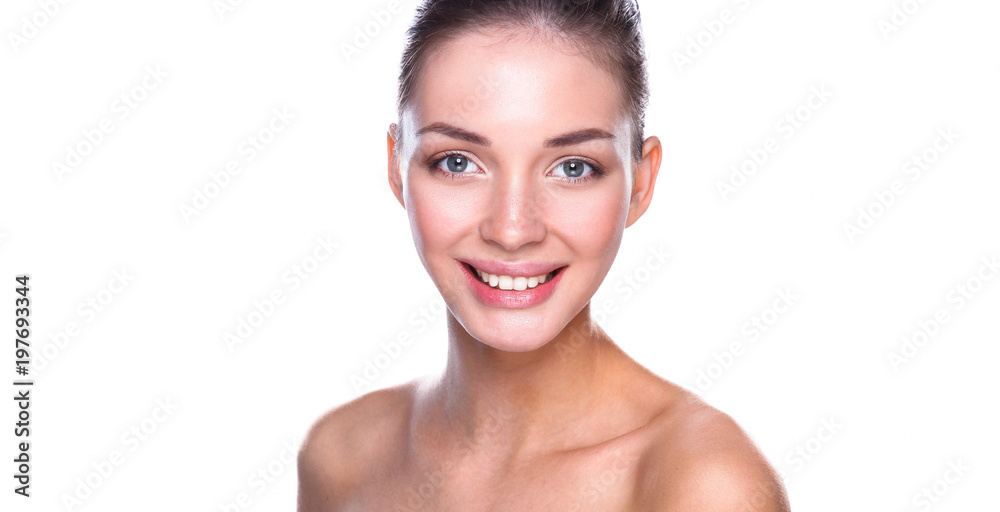 Close up portrait of beautiful young woman face. Isolated on white background. Close up portrait of beautiful young woman face. Isolated on white background.