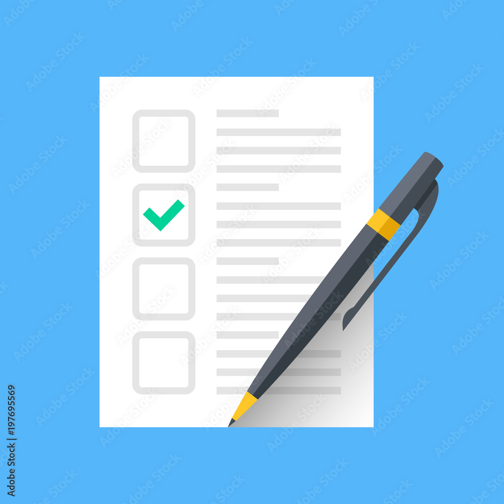 Document with green check mark and pen. Checklist and single tick icon. Claim form, fill application form, survey, voting concepts. Modern flat design graphic elements. Vector icon Document with green check mark and pen. Checklist and single tick icon. Claim form, fill application form, survey, voting concepts. Modern flat design graphic elements. Vector icon
