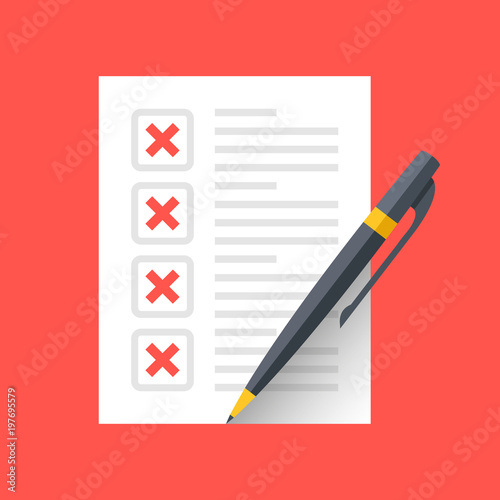 Document with x marks and pen. Checklist and red crosses icons. Modern flat design graphic elements. Vector icon