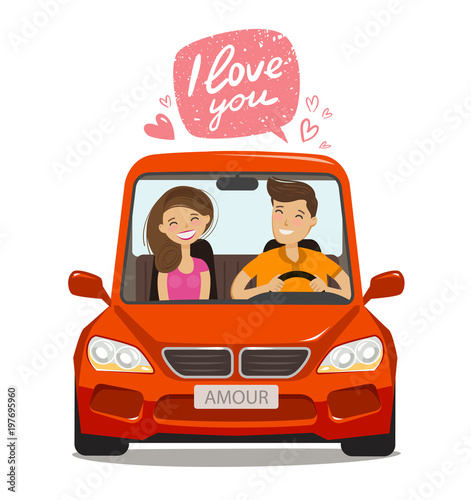 Loving couple riding on car. Love concept. Cartoon vector illustration