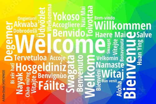 Welcome in different languages wordcloud on white background