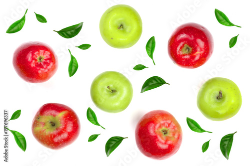 red and green apples decorated with green leaves isolated on white background top view. Flat lay pattern