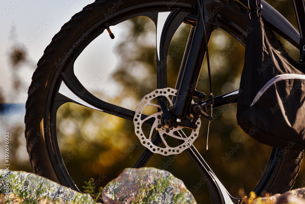 Fototapeta premium A wheel of a bicycle with a disk brake. Instead of spokes cast discs. In the foreground are large stones. In the background, blurred trees and the sea