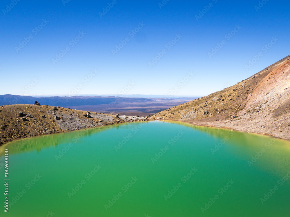 Green Emerald Lake Landscape with Blue Sky Summers Day on Tongariro Alpine Crossing