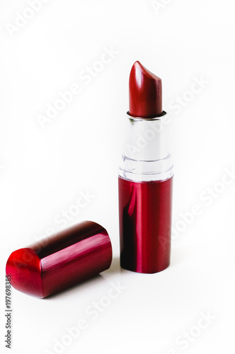 Red lipstick on white background photo