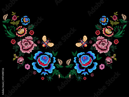 Embroidery folk neckline pattern with flowers and bee. Vector embroidered floral patch for clothing design.