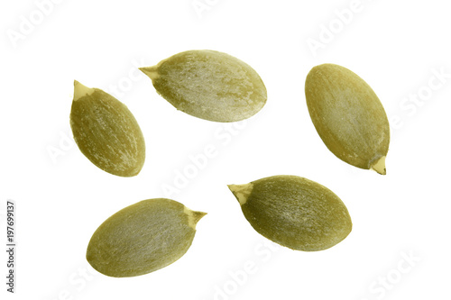 Pumpkin seeds or pepitas, isolated on white background. Top view. Flat lay photo