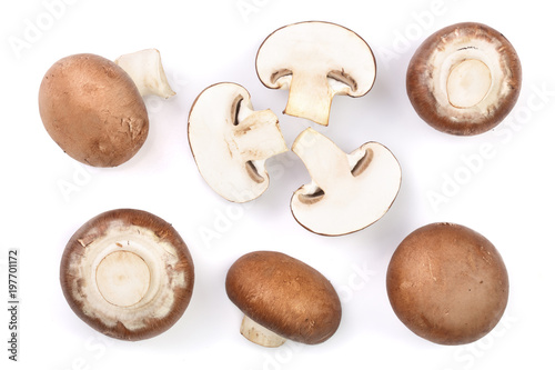 Fresh champignon mushrooms isolated on white background. Top view. Flat lay