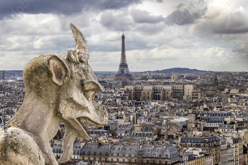 Gargoyle looking to Eiffel tower