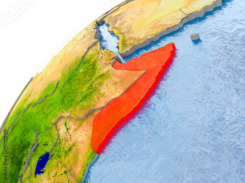 Map of Somalia in red on globe