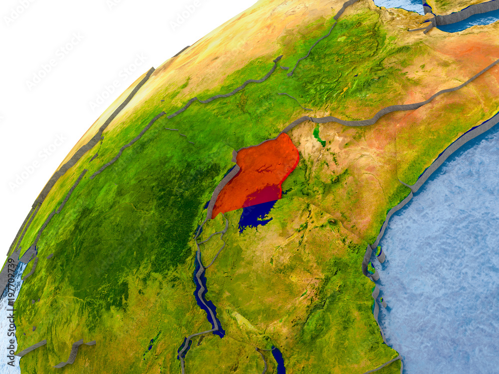 Map of Uganda in red on globe