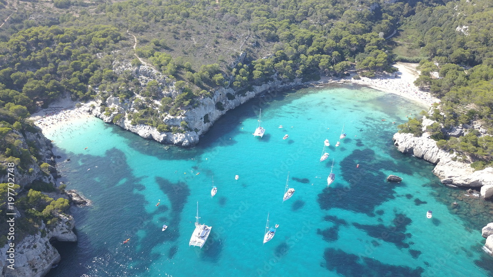 Aerial view from drone of a stunning beach in Menorca (Baleares) - obrazy, fototapety, plakaty 