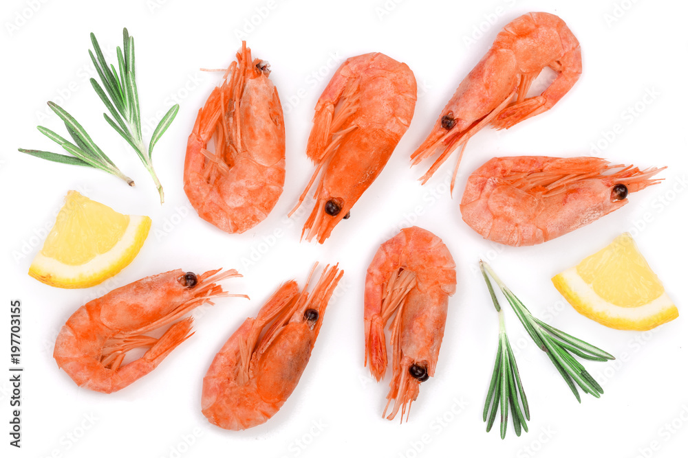 Red cooked prawn or shrimp with rosemary and lemon slice isolated on white background. Top view. Flat lay Red cooked prawn or shrimp with rosemary and lemon slice isolated on white background. Top view. Flat lay