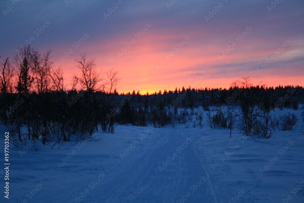 Beautiful snowy sunset in the Arctic