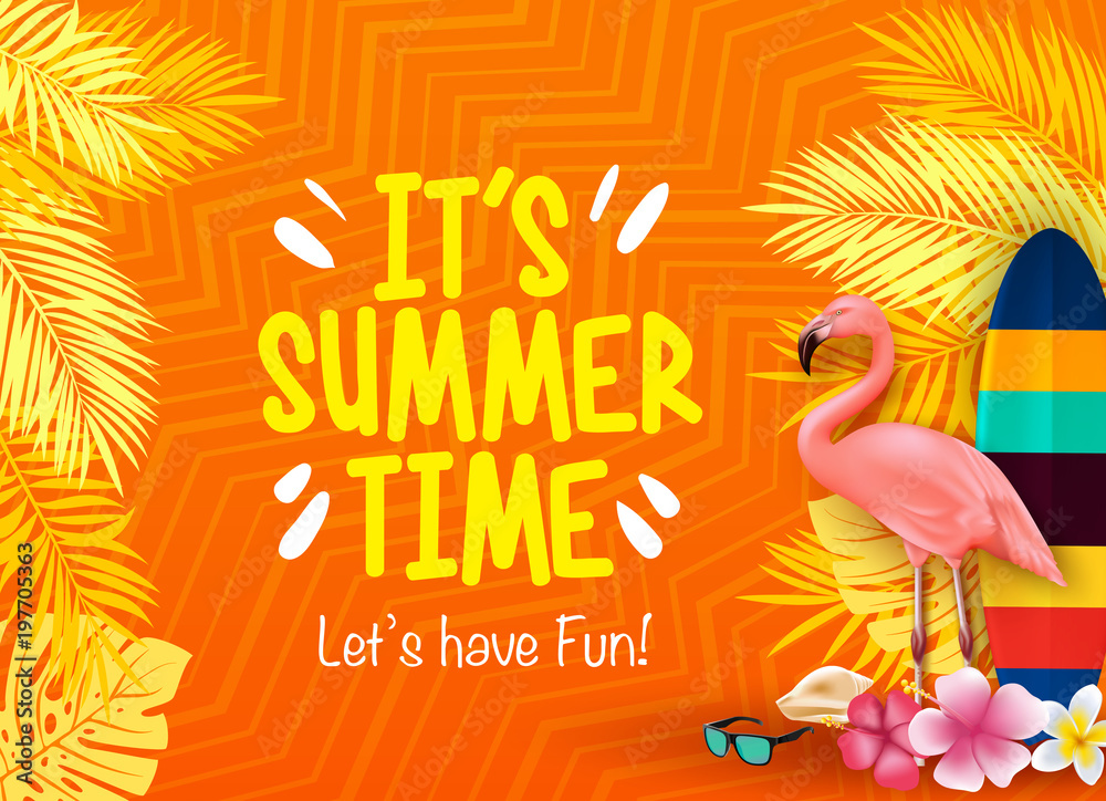 Obraz premium Jest czas letni Bawmy się z flamingiem, deską surfingową, kwiatami, liśćmi palmowymi w pomarańczowym tle z ilustracją plakatu wzoru.