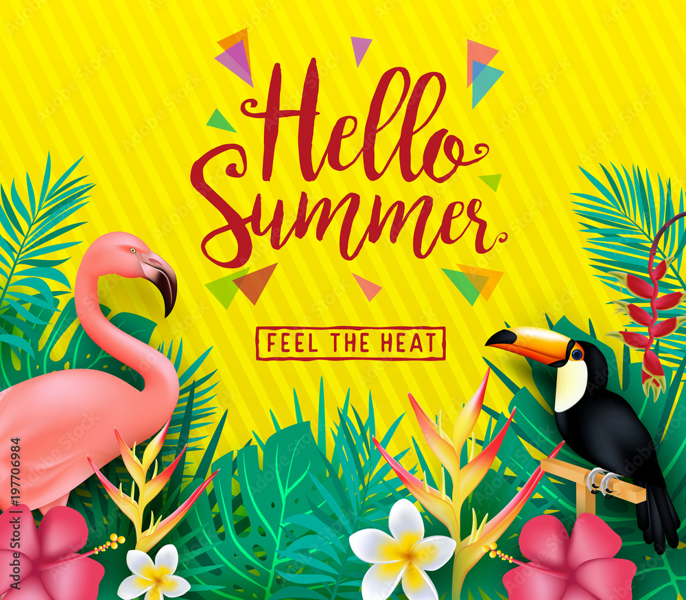 Obraz premium Hello Summer Feel the Heat Poster with Tropical Leaves and Flowers in Yellow Background with Pattern. Vector Illustration 