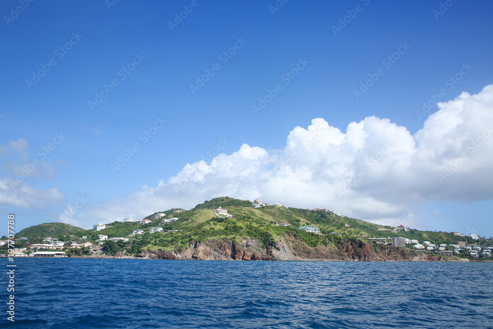 Beautiful landscape with hills on the south western coast of Saint Kitts Island, Caribbean.