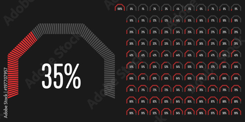Set of circular sector percentage diagrams from 0 to 100 ready-to-use for web design, user interface (UI) or infographic - indicator with red