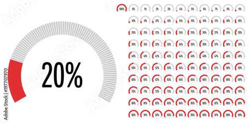 Set of circular sector percentage diagrams from 0 to 100 ready-to-use for web design, user interface (UI) or infographic - indicator with red