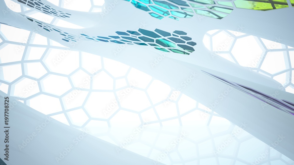 Obraz premium Abstract white and colored gradient glasses parametric interior with window. 3D illustration and rendering.
