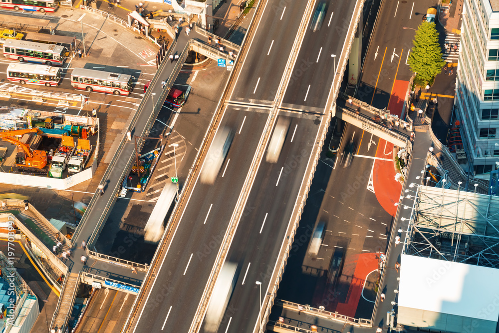 Aerial view of an elevated highway in Tokyo, Japan