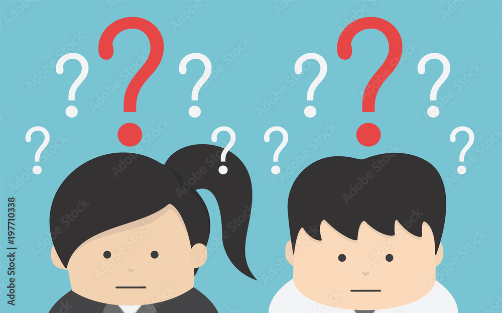 Businessman and Businesswoman confused , eps10 vector format, flat design, question Businessman and Businesswoman confused , eps10 vector format, flat design, question