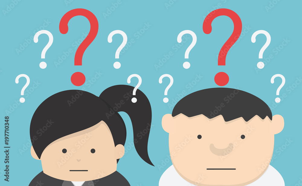 Businessman and Businesswoman confused , eps10 vector format, flat design, question Businessman and Businesswoman confused , eps10 vector format, flat design, question