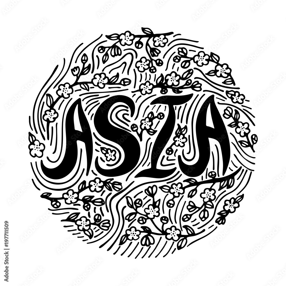 Hand-drawn lettering Asia with oriental cherry doodles. Round form.