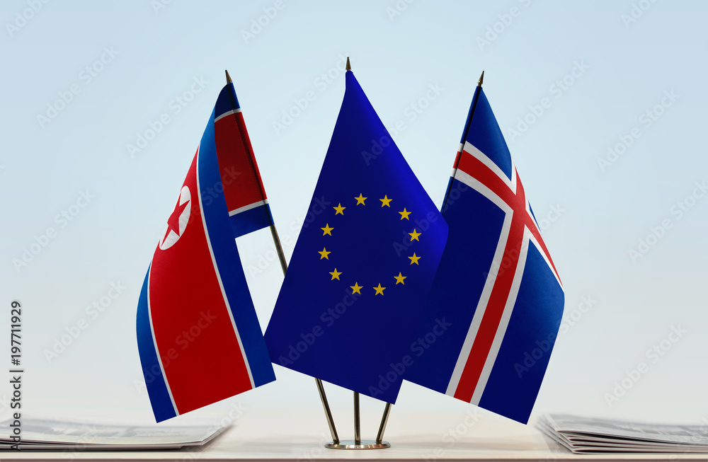 Flags of North Korea European Union and Iceland