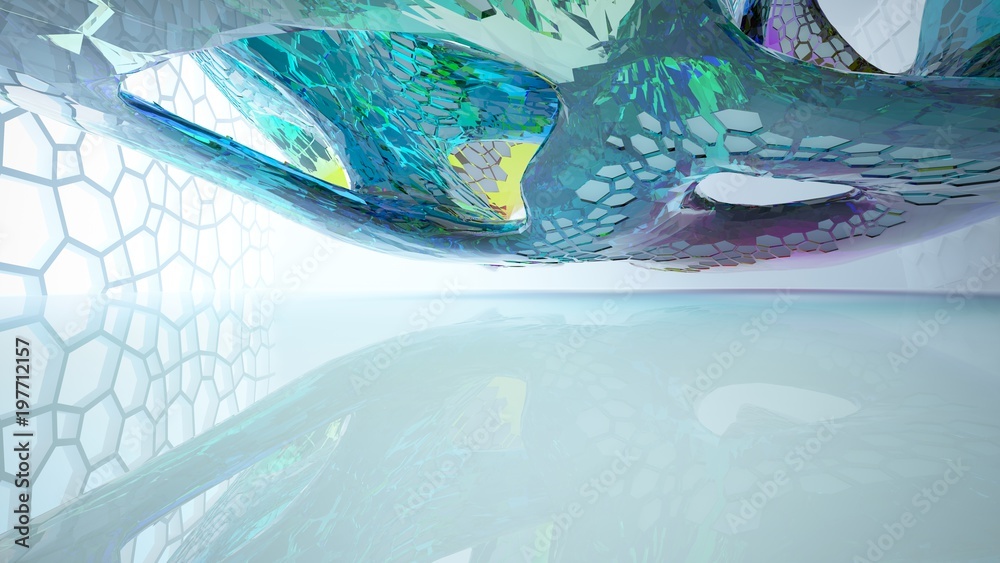 Obraz premium Abstract white and colored gradient glasses parametric interior with window. 3D illustration and rendering.