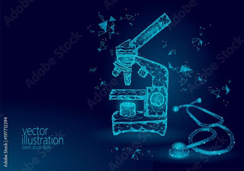 Microscope science medicine business equipment. Low poly polygonal triangle blue glowing point connected stethoscope research world microbiology day lab laboratory vector illustration