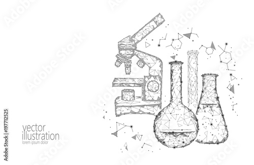 Low poly science chemical glass flasks. Magical equipment microscope zoom lens polygonal triangle white monochrome research future technology business medicine concept vector illustration
