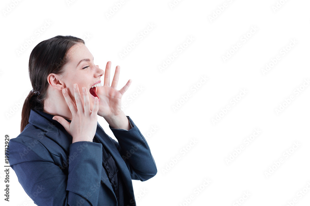 Young businesswoman shouting isolated on white background. Young businesswoman shouting isolated on white background.