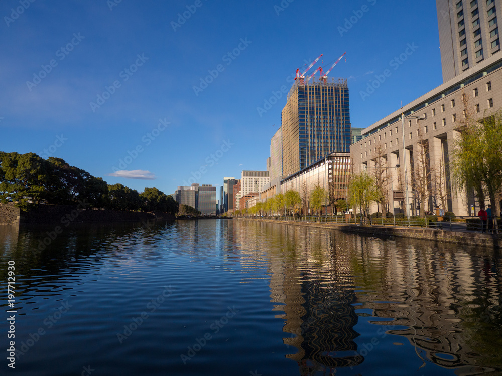 Tokyo Marunouchi buildings and imperial palace moat