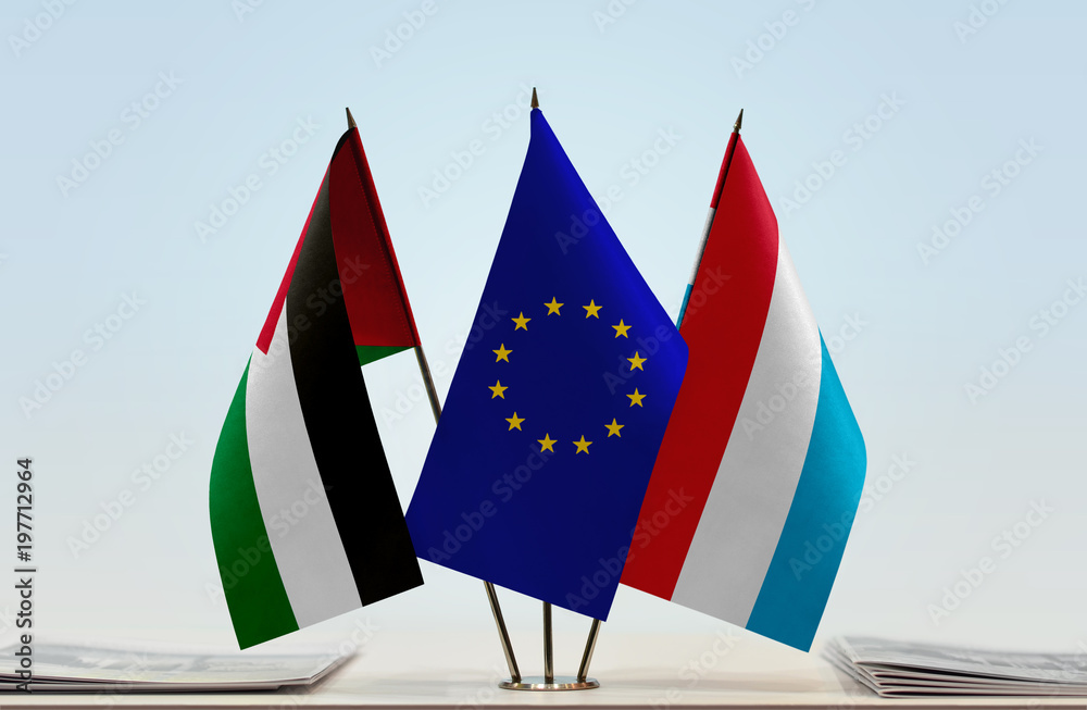 Flags of Palestine European Union and Luxembourg