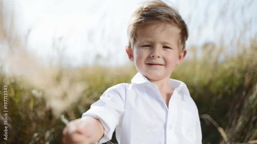 Sweet little boy stands in the middle of high-grass, touches the camera with the spike of golden wheat, charmingly smiles. Little sunshine, playful mood. Positive mood, happy childhood Sweet little boy stands in the middle of high-grass, touches the camera with the spike of golden wheat, charmingly smiles. Little sunshine, playful mood. Positive mood, happy childhood