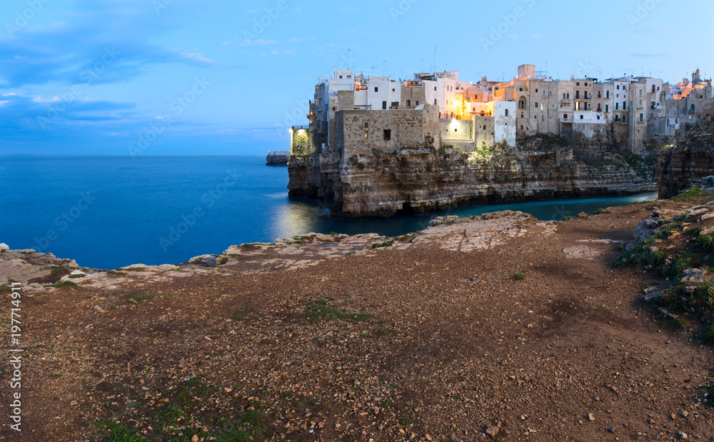 Evening view of Polignano A Mare town. South Italy.