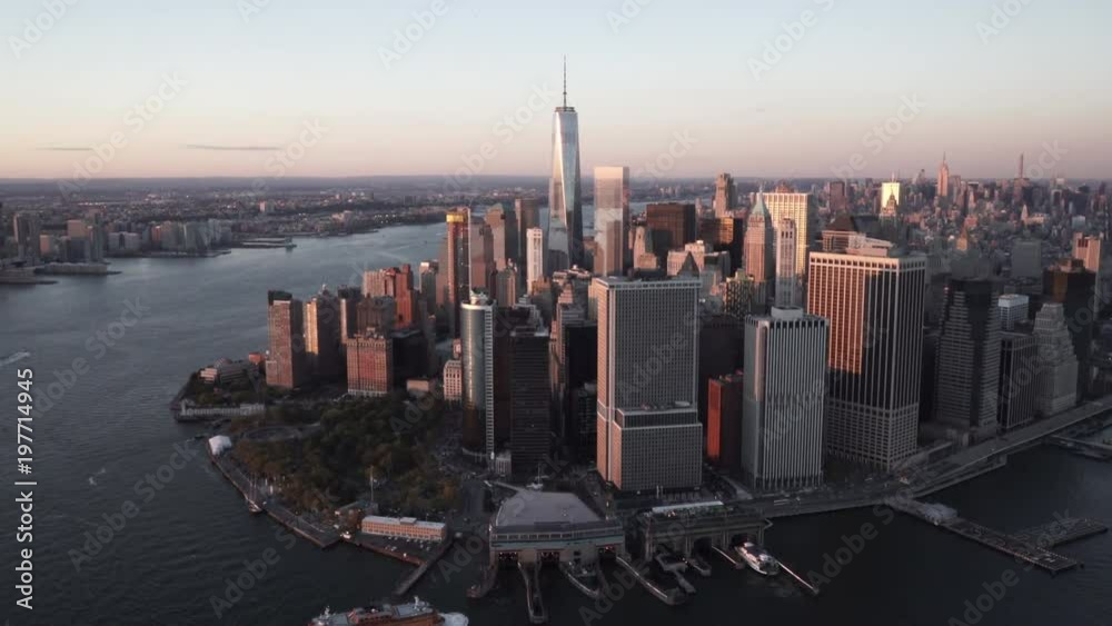 New York City daytime aerial view of Lower Manhattan and the Staten Island Ferry