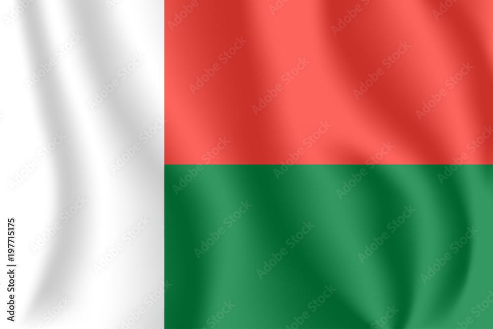 Flag of Madagascar. Realistic waving flag of Republic of Madagascar. Fabric textured flowing flag of Madagascar.