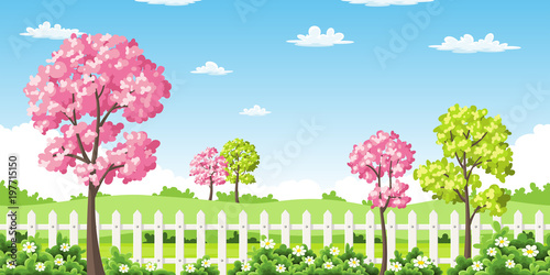 Sping landscape with trees, flowers and fence