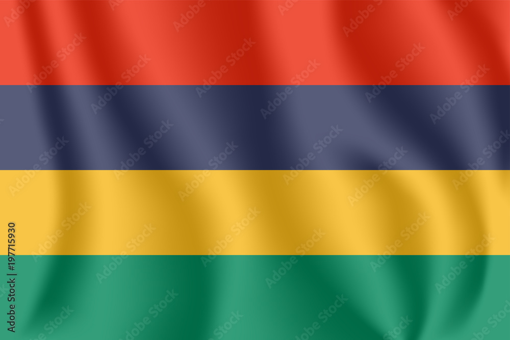 Flag of Mauritius. Realistic waving flag of Republic of Mauritius. Fabric textured flowing flag of Mauritius.