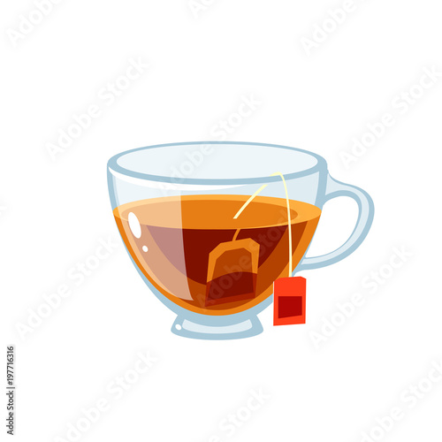 Transparent glass cup full of tea, with tea bag. Vector illustration cartoon flat icon isolated on white. photo
