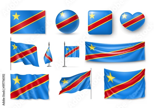 Set Democratic Republic of the Congo flags, banners, banners, symbols, flat icon. Vector illustration of collection of national symbols on various objects and state signs