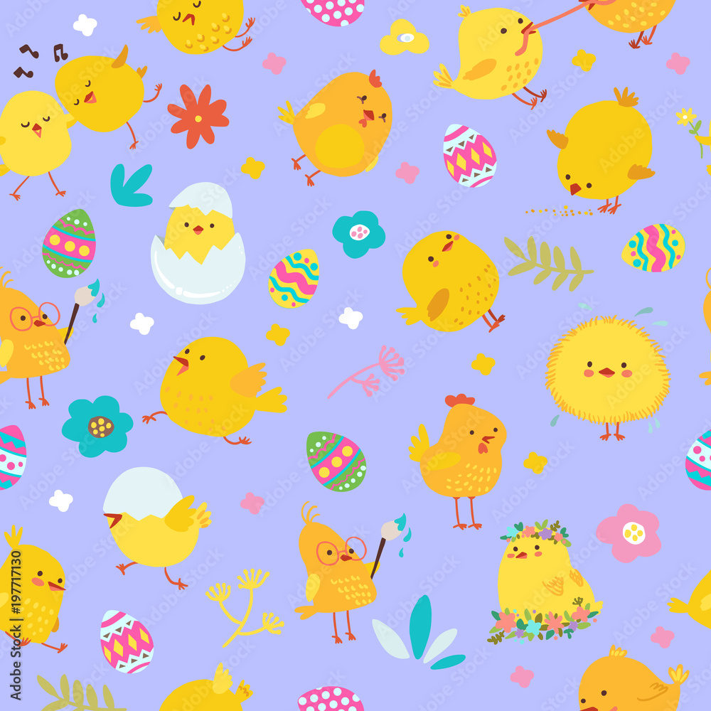 Fototapeta premium Easter seamless pattern with eggs and cute chickens. Vector illustration