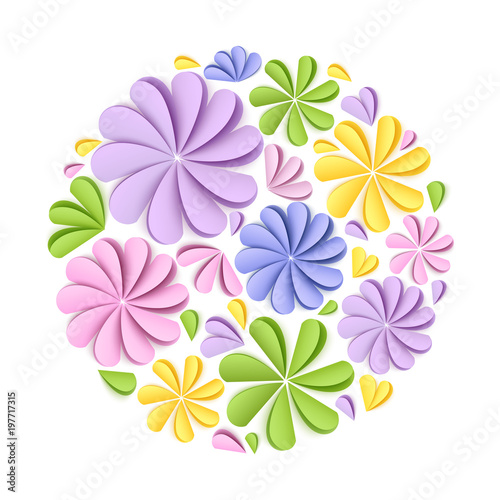 Composition of paper flowers for birthday or wedding greeting card. Origami style. Vector floral illustration