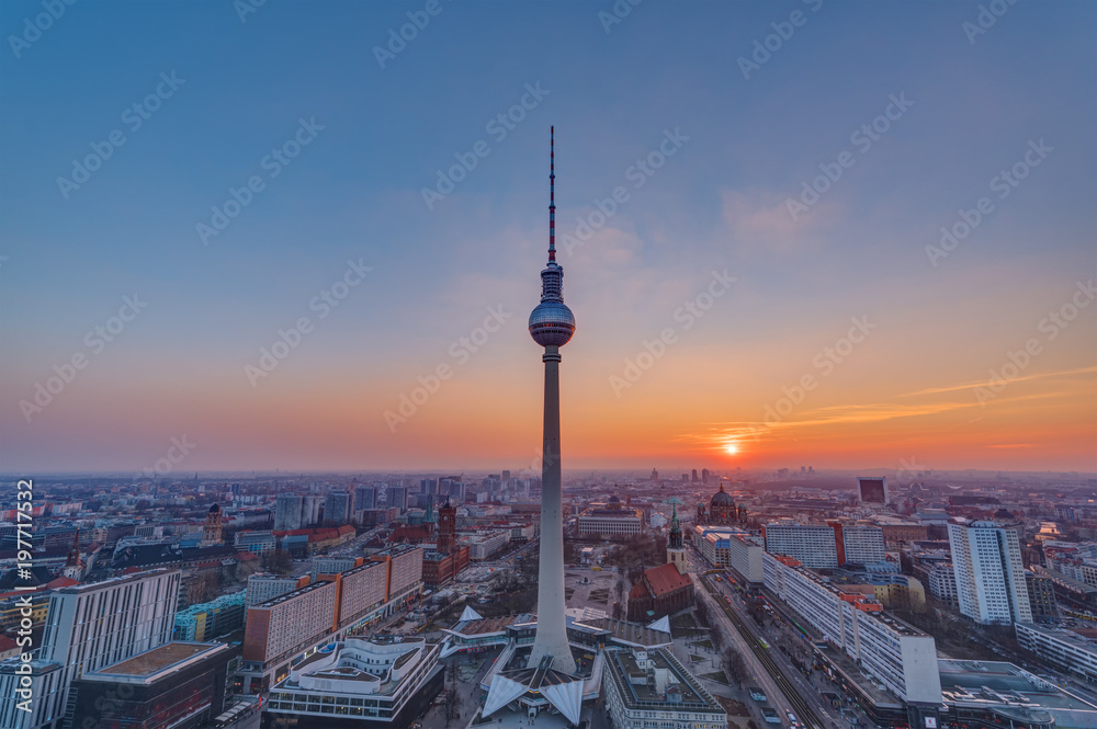 Sunset at the famous Television Tower in Berlin, Germany