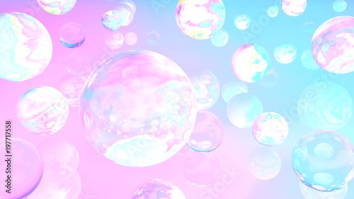 Holographic bubbles. 3d illustration. Abstract background. Fairy wallpaper. Cosmic. Planets. Pink. Blue. Fantasy. Girly. Unicorn colors.