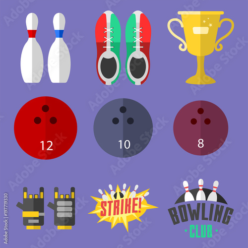 Set of vector colorful bowling icons sport strike pin symbol ball skittle game equipment illustration.