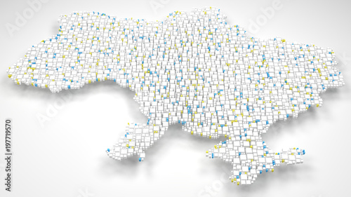 3D Map of Ukraine - Europe | 3d Rendering, mosaic of little bricks - White and flag colors