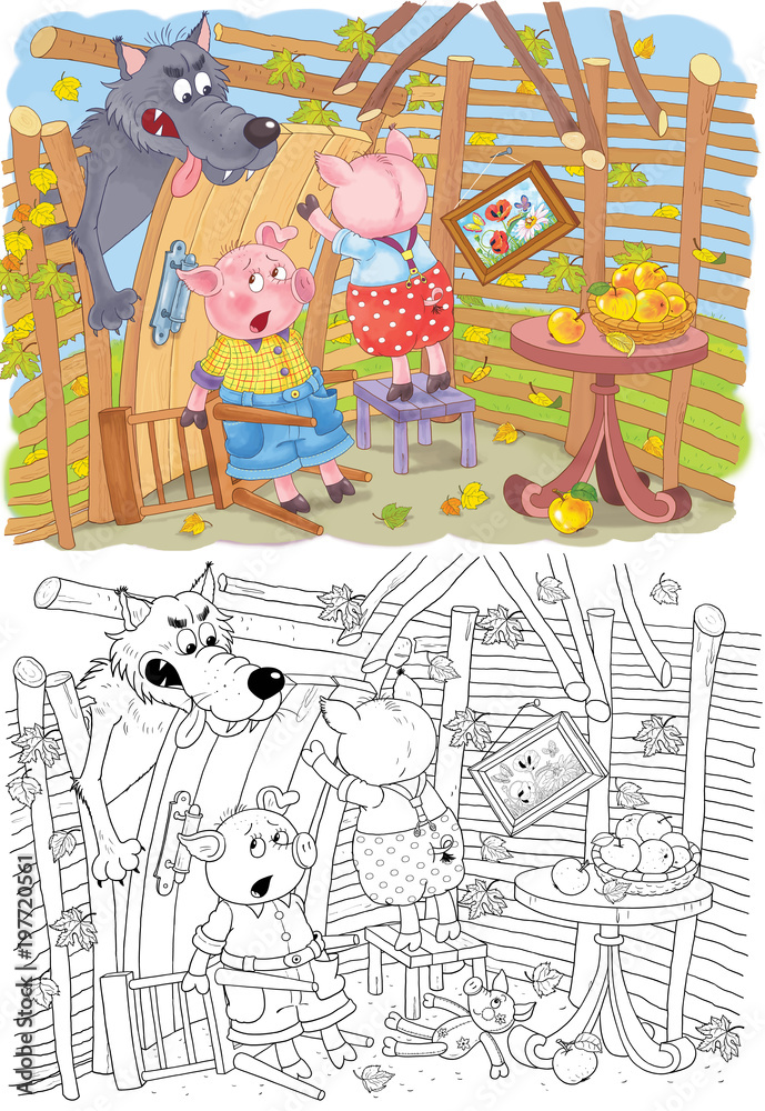 Three little pigs. Fairy tale. Coloring book. Coloring page